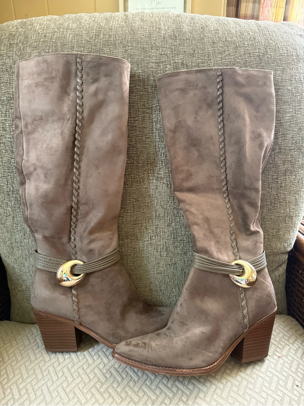 Women's Taupe Knee-High Western Boots - Suede Look